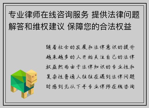 专业律师在线咨询服务 提供法律问题解答和维权建议 保障您的合法权益